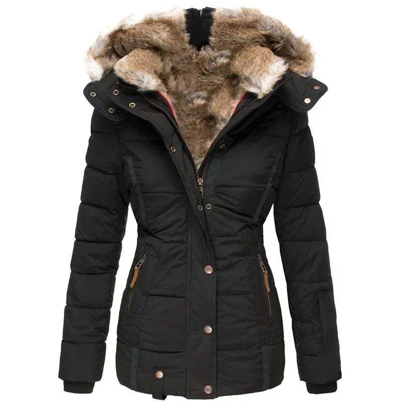 Women’s Winter Hooded Parka – Warm Fur Collar, Slim Fit Cotton Coat