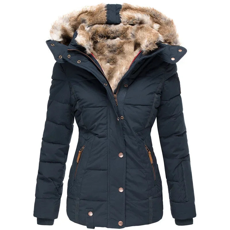 Women’s Winter Hooded Parka – Warm Fur Collar, Slim Fit Cotton Coat