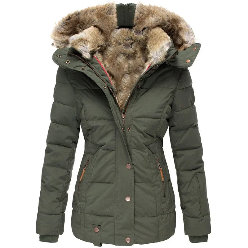 Women’s Winter Hooded Parka – Warm Fur Collar, Slim Fit Cotton Coat