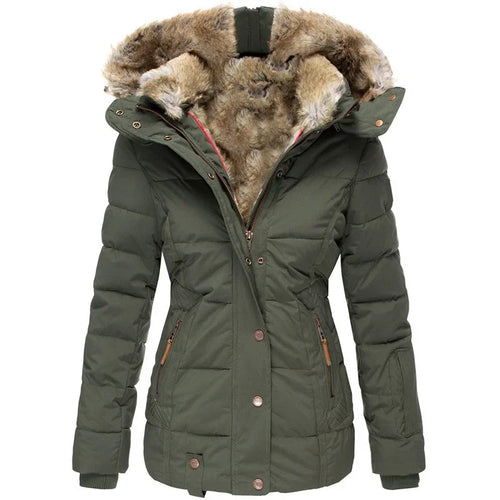 Women’s Winter Hooded Parka – Warm Fur Collar, Slim Fit Cotton Coat