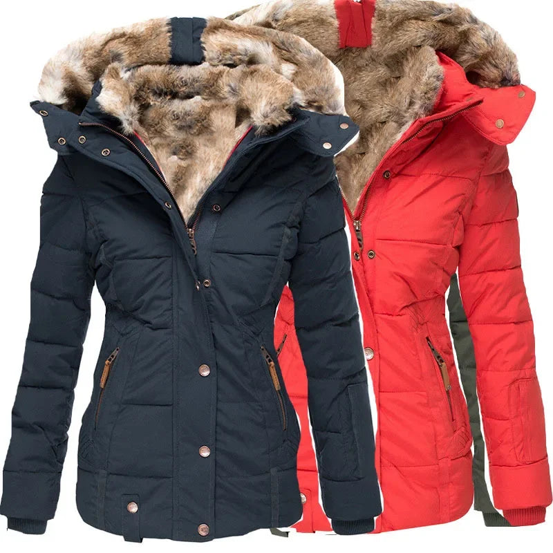 Women’s Winter Hooded Parka – Warm Fur Collar, Slim Fit Cotton Coat