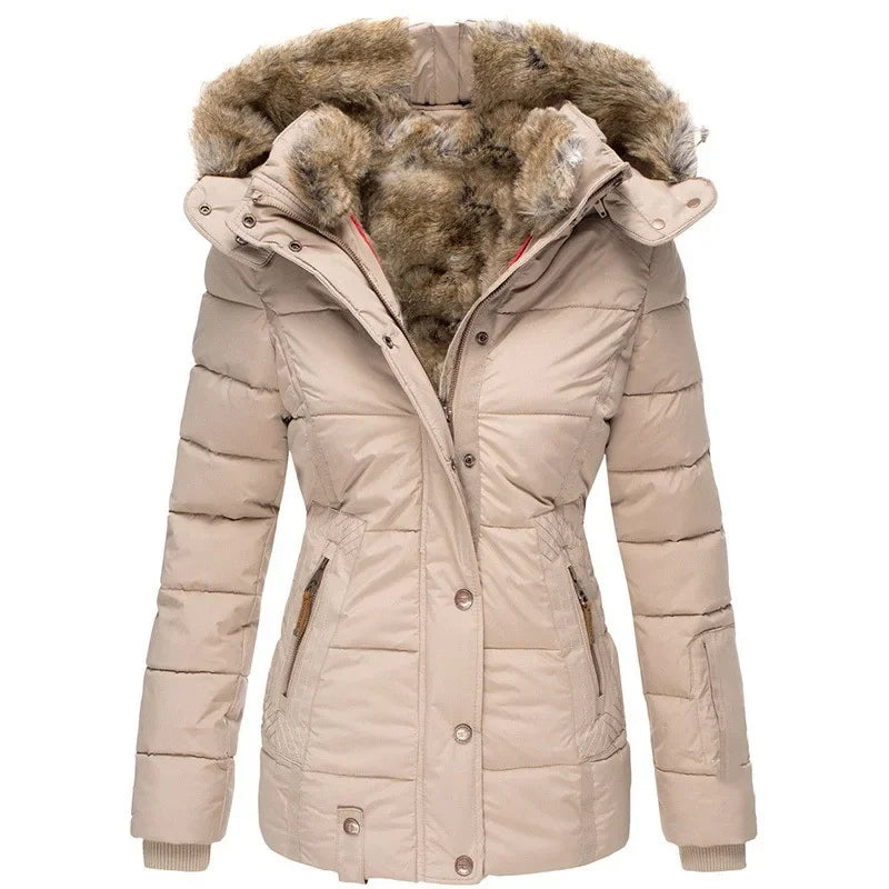 Women’s Winter Hooded Parka – Warm Fur Collar, Slim Fit Cotton Coat