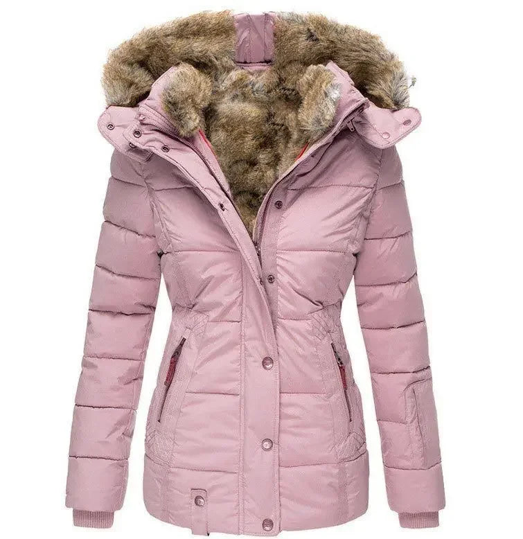 Women’s Winter Hooded Parka – Warm Fur Collar, Slim Fit Cotton Coat