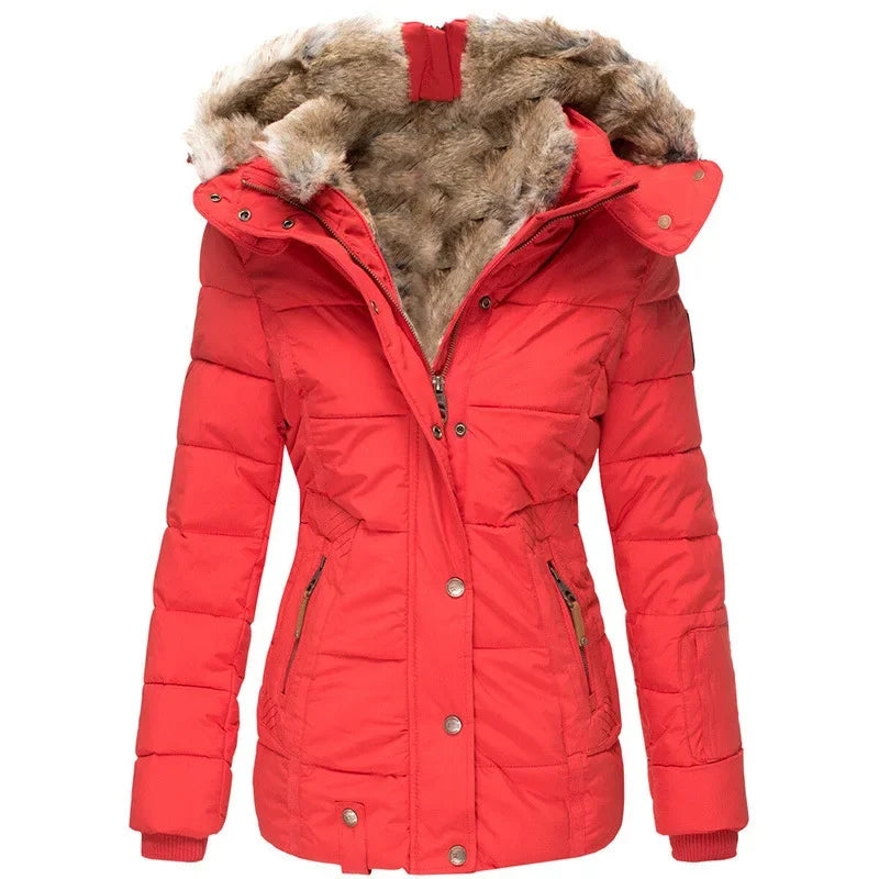 Women’s Winter Hooded Parka – Warm Fur Collar, Slim Fit Cotton Coat