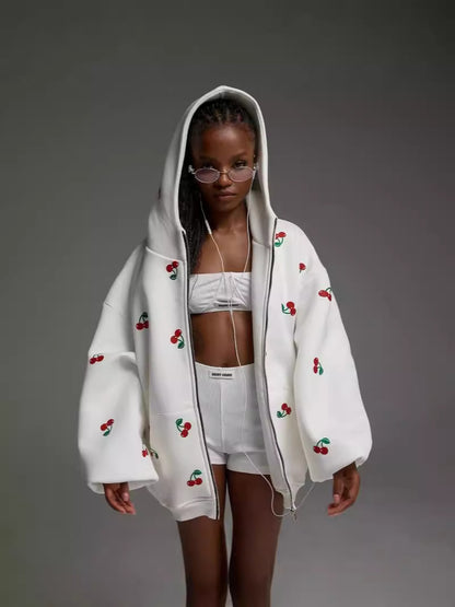 Cherry Print Cotton Hoodie for Women