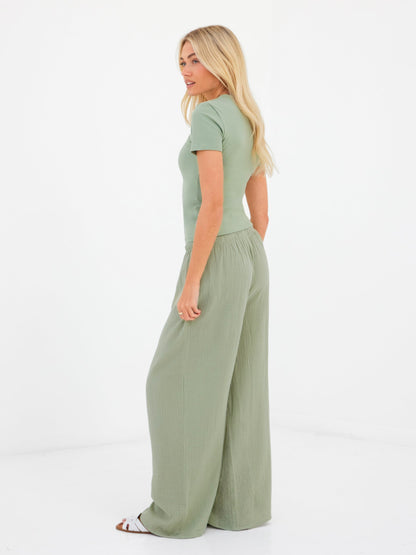 Lucia Baby Tee & Mila Wide Leg Trousers Set - Sage Green & Soft Sage