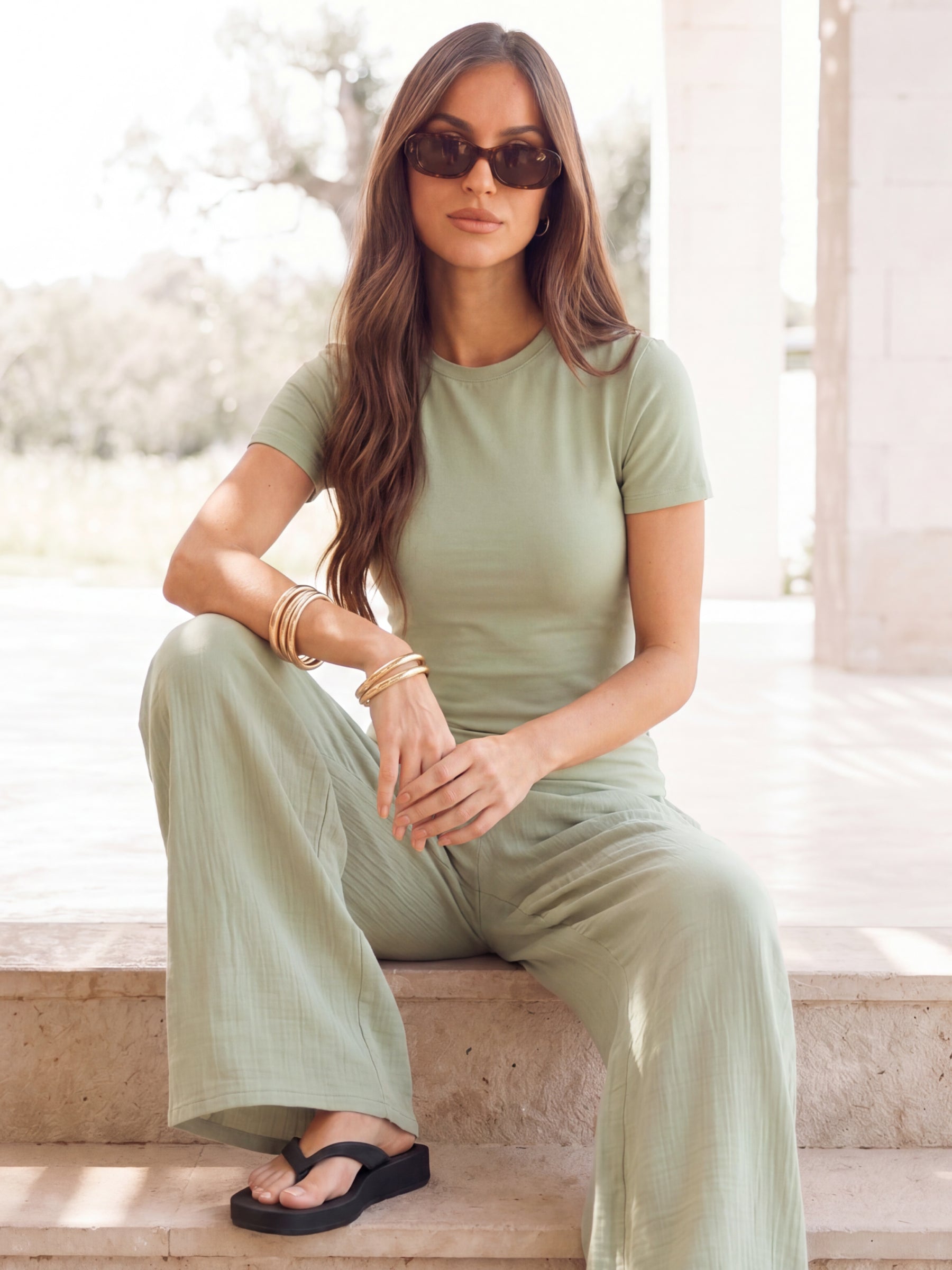 Lucia Baby Tee & Mila Wide Leg Trousers Set - Sage Green & Soft Sage