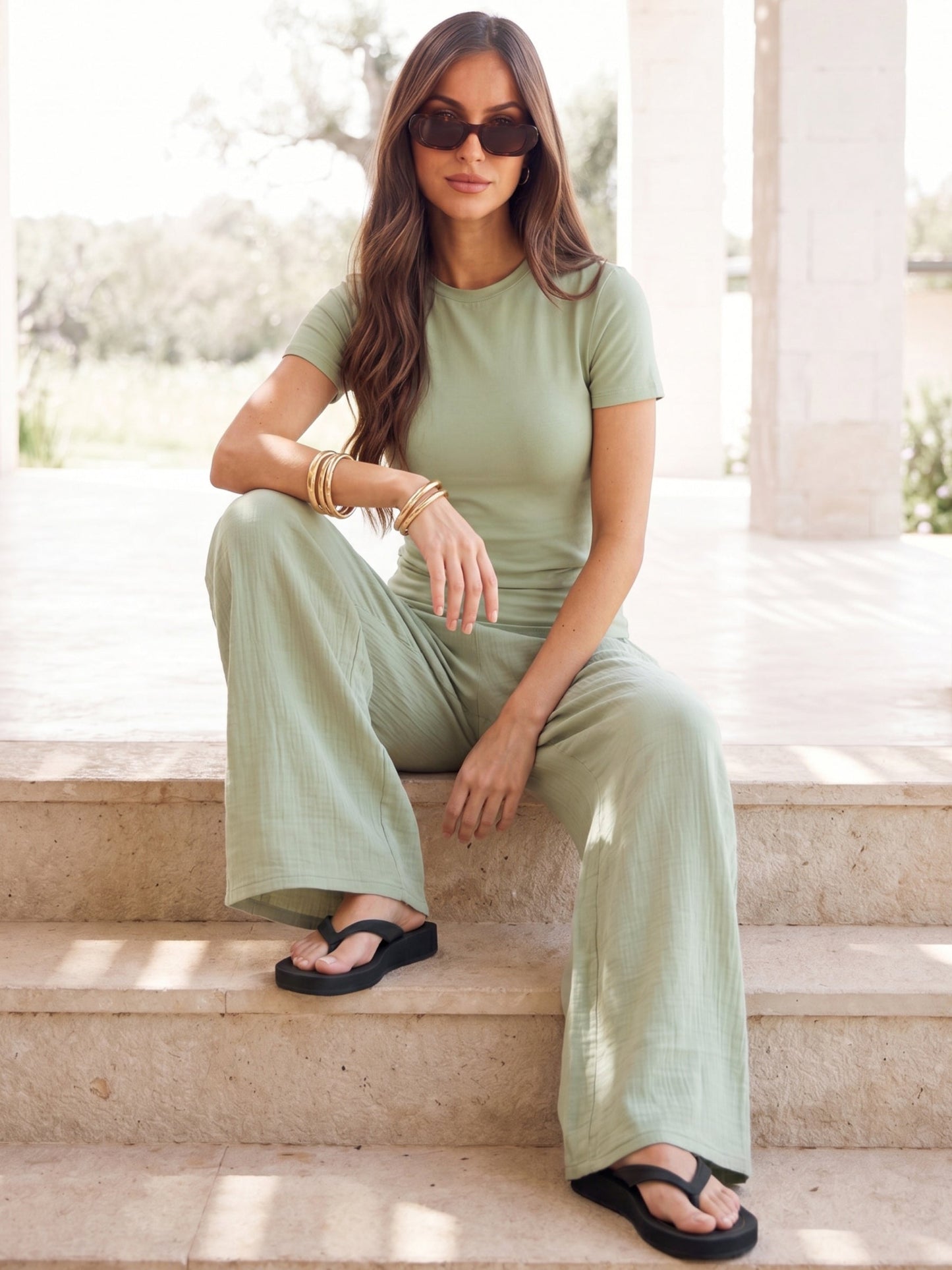 Lucia Baby Tee & Mila Wide Leg Trousers Set - Sage Green & Soft Sage