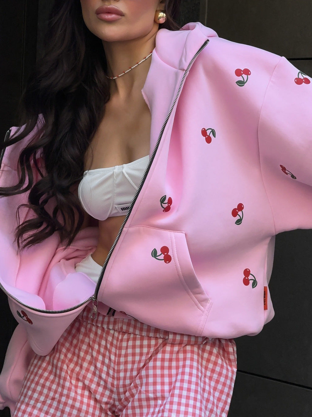 Cherry Print Cotton Hoodie for Women