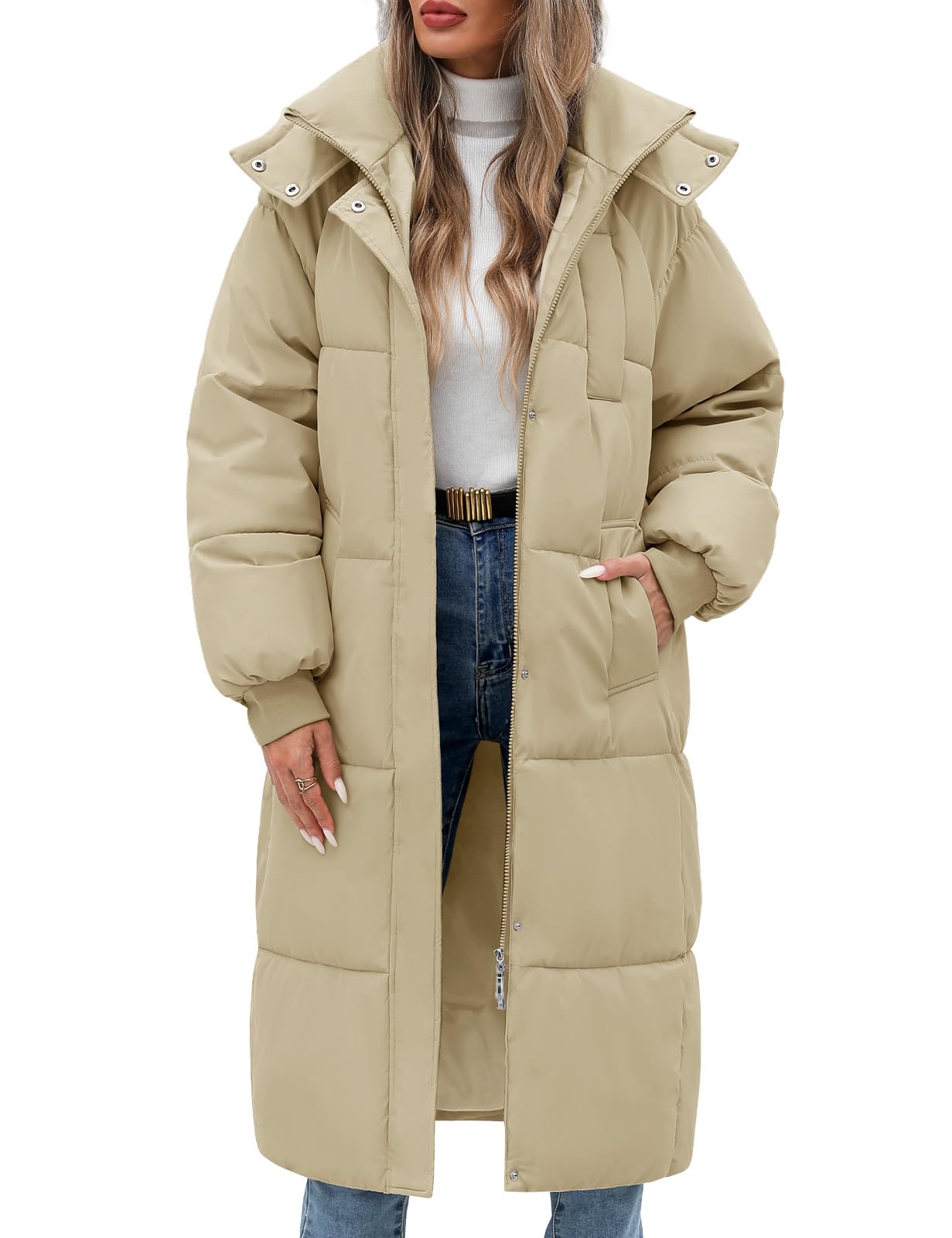 Vancavoo Women's Down Jacket Long Coats with Hood Thick Quilted Warm Jacket Parka Outercoat with Zip