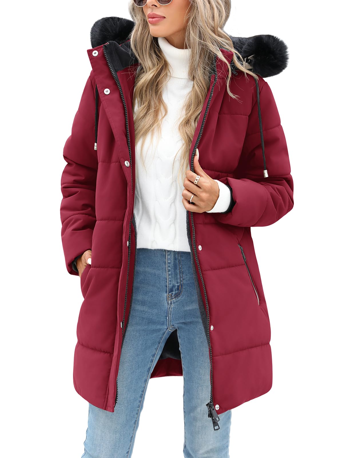 Tuopuda Women's Winter Warm Down Jacket Fleece Jacket Hooded Parkas Casual Mid-Length Quilted Down Coat with Pockets