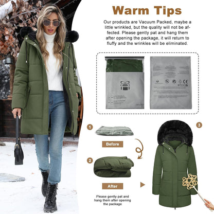 Tuopuda Women's Winter Warm Down Jacket Fleece Jacket Hooded Parkas Casual Mid-Length Quilted Down Coat with Pockets