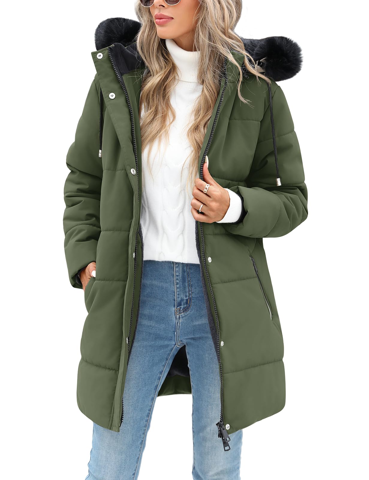 Tuopuda Women's Winter Warm Down Jacket Fleece Jacket Hooded Parkas Casual Mid-Length Quilted Down Coat with Pockets