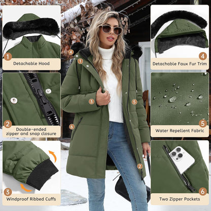 Tuopuda Women's Winter Warm Down Jacket Fleece Jacket Hooded Parkas Casual Mid-Length Quilted Down Coat with Pockets