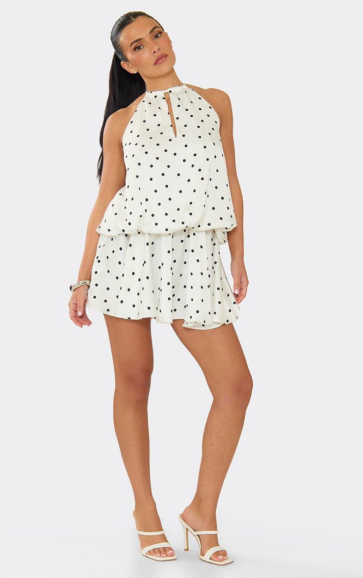 Halterneck Key Hole Cut Out Mini Dress In White Polka Dot