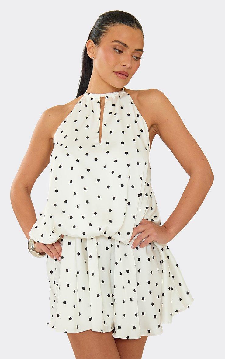 Halterneck Key Hole Cut Out Mini Dress In White Polka Dot