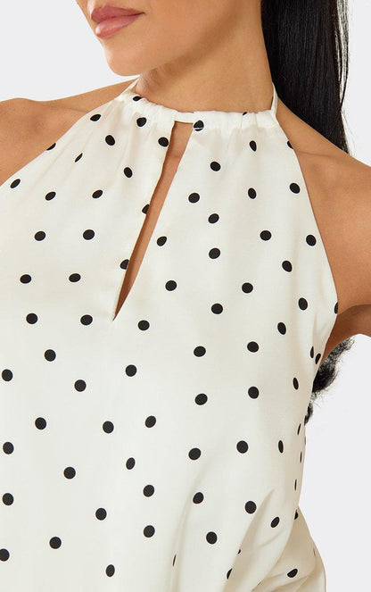 Halterneck Key Hole Cut Out Mini Dress In White Polka Dot