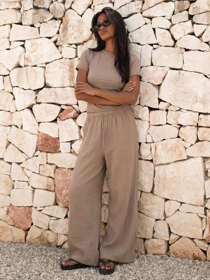 Lucia Baby Tee & Mila Wide Leg Trousers Set - Taupe