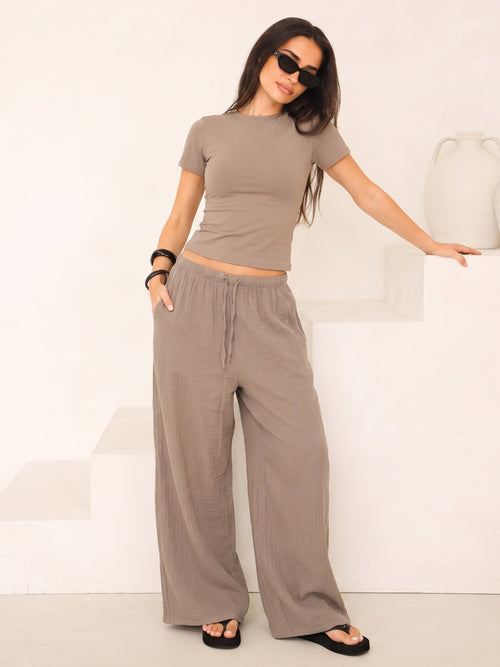 Lucia Baby Tee & Mila Wide Leg Trousers Set - Taupe