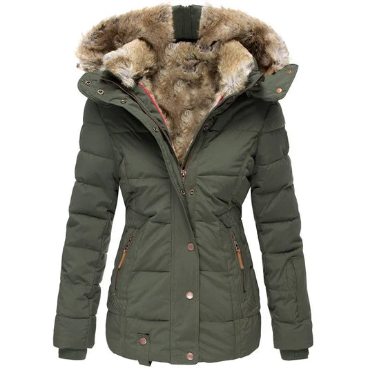 Women’s Winter Hooded Parka – Warm Fur Collar, Slim Fit Cotton Coat