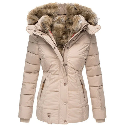 Women’s Winter Hooded Parka – Warm Fur Collar, Slim Fit Cotton Coat