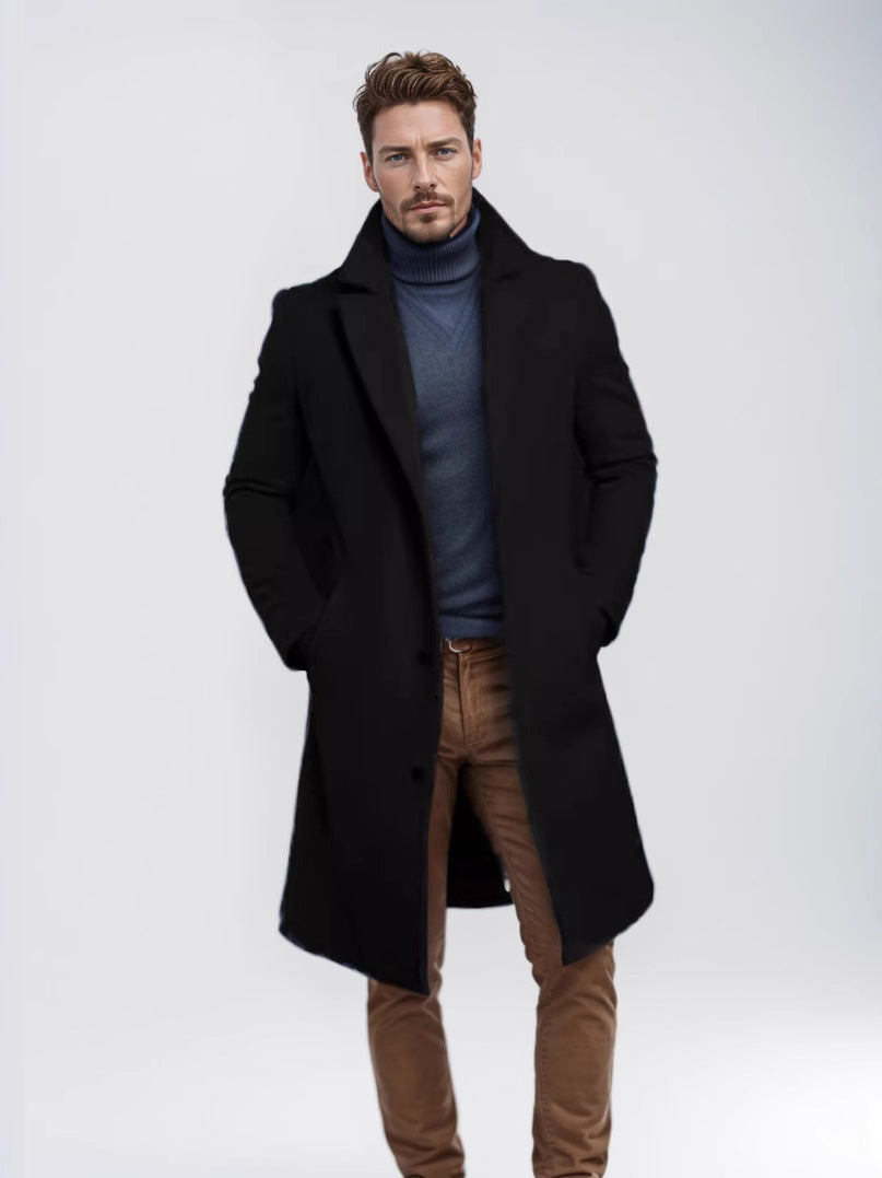 Men's Mid-Length Solid Color Windbreaker Coat