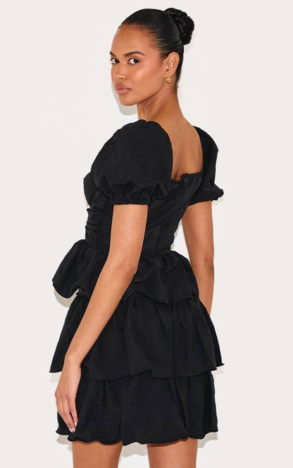 PrettyLittleThing Crinkle Cup Detail Tiered Skirt Skater Dress