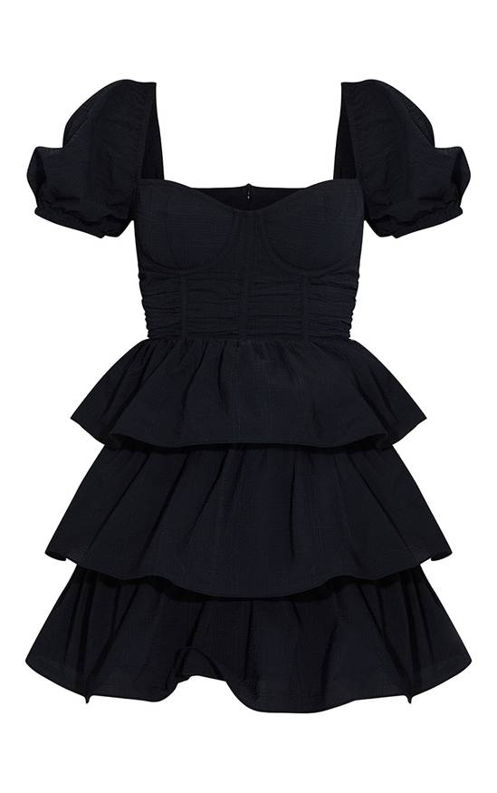 PrettyLittleThing Crinkle Cup Detail Tiered Skirt Skater Dress