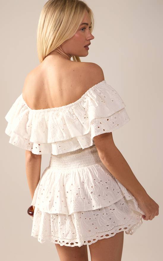 PrettyLittleThing Broderie Bardot Tiered Shift Dress