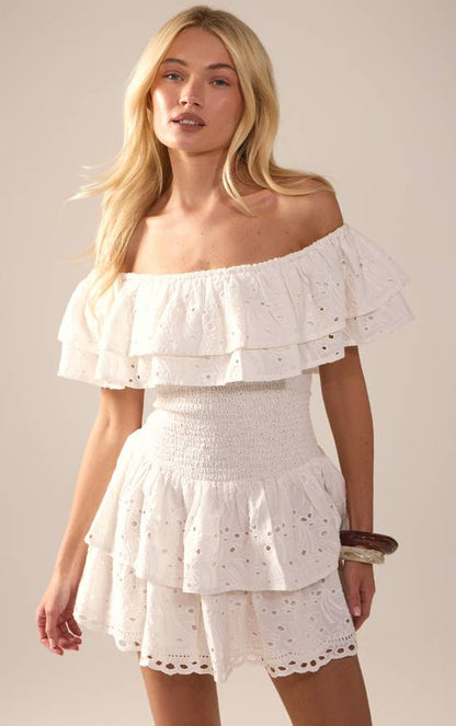 PrettyLittleThing Broderie Bardot Tiered Shift Dress