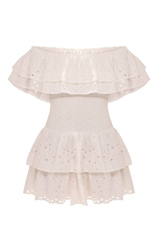 PrettyLittleThing Broderie Bardot Tiered Shift Dress