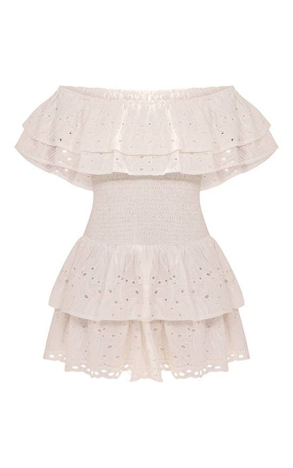PrettyLittleThing Broderie Bardot Tiered Shift Dress