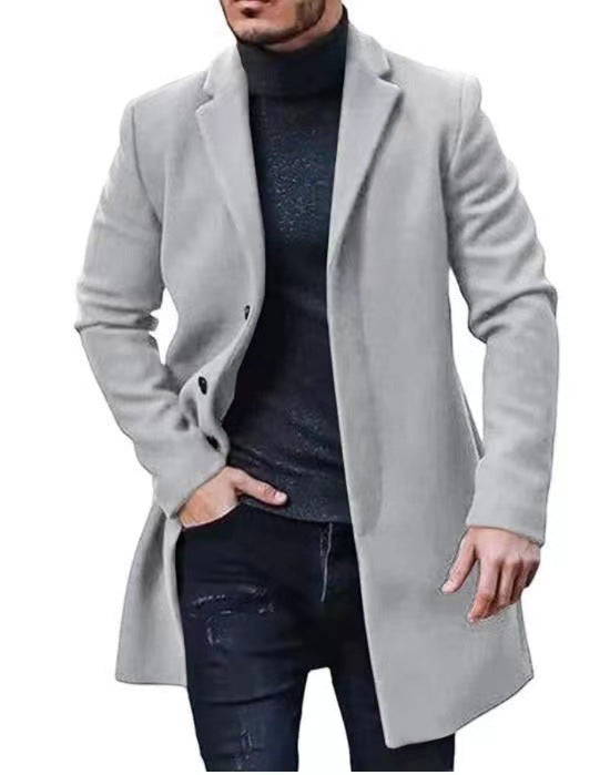 Men's Mid-Length Solid Color Windbreaker Coat