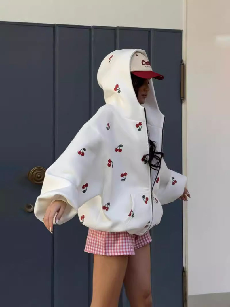 Cherry Print Cotton Hoodie for Women