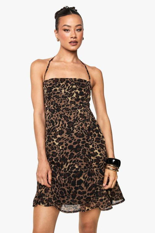 Tall Leopard Print Chiffon Strappy Square Neck Smock Mini Dress