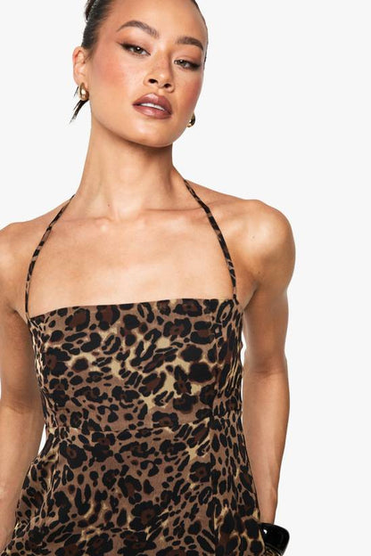 Tall Leopard Print Chiffon Strappy Square Neck Smock Mini Dress