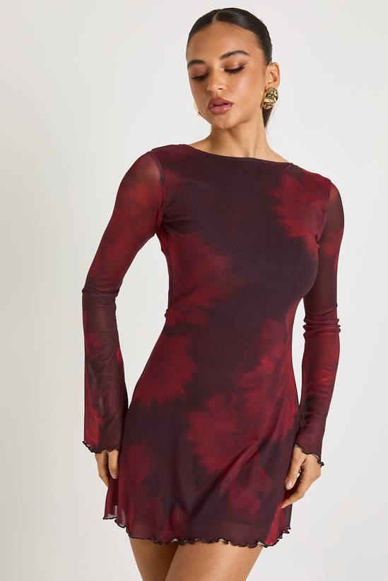 Blurred Floral Printed Mesh Flare Sleeve Mini Dress